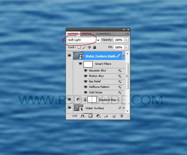 Use Soft Light Photoshop Blending Mode For The Water Texture