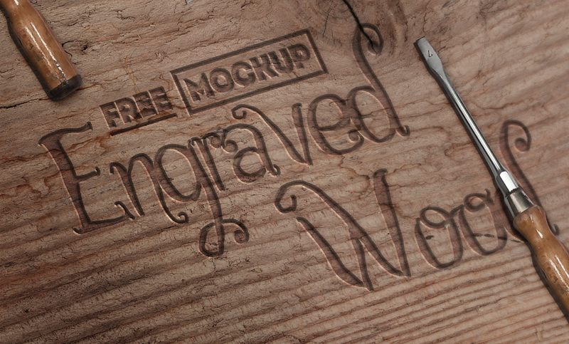 Engraved Carved Wood Photoshop Free Mockup