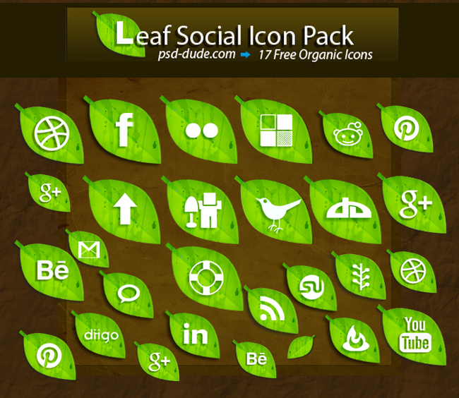 Free leaf social icon pack photoshop resource by psd-dude.com