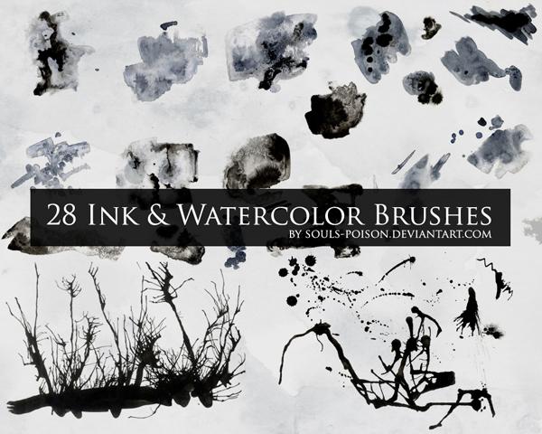 28 Ink and Watercolor Brushes by souls-poison photoshop resource collected by psd-dude.com from deviantart