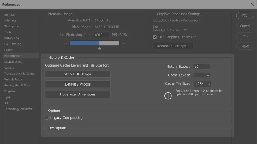 Photoshop History and Cache Settings