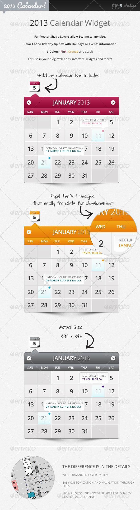 2013 Calendar Widget Layered PSD