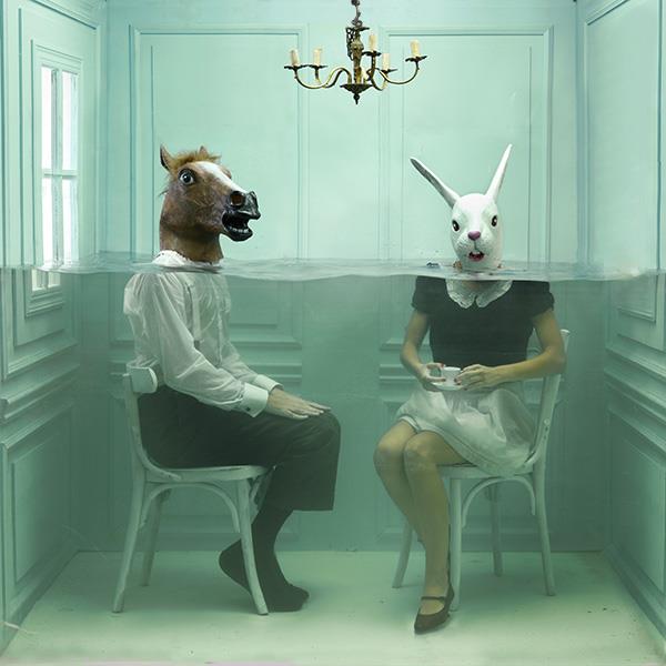 Horse And Rabbit Headed Persons Underwater In Small Room Photoshop Manipulation