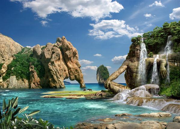 Waterfalls Ocean Stone Statue Manipulation