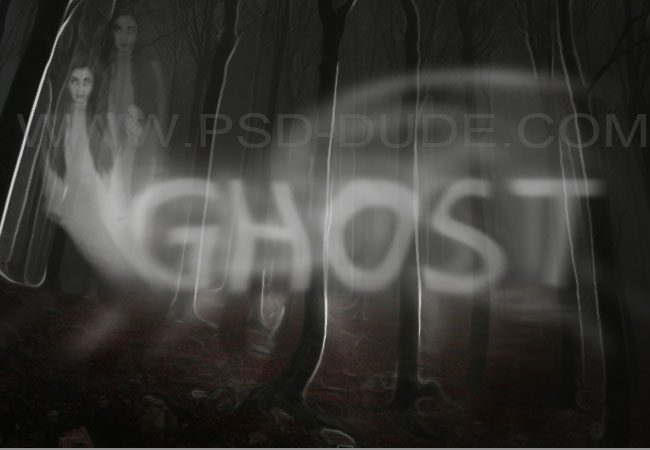 Spooky ghost in forrest with ghost text effect made in Photoshop