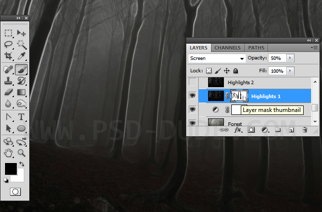Spooky Photoshop effect with forrest tree contours mask layer