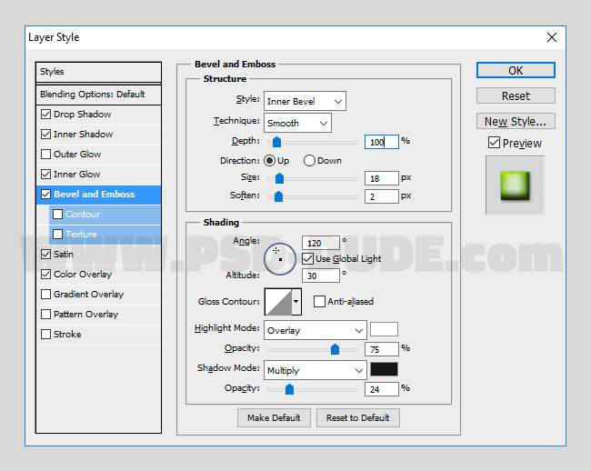 bevel and emboss for green peas effect