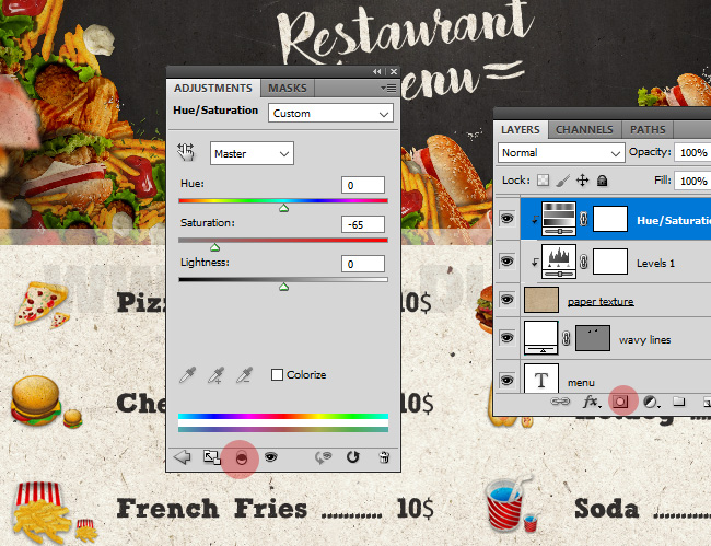 Adjust The Restaurant Menu Hue/Saturation In Photoshop