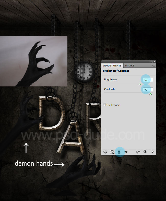 Photoshop added demon hand over the gothic text effect
