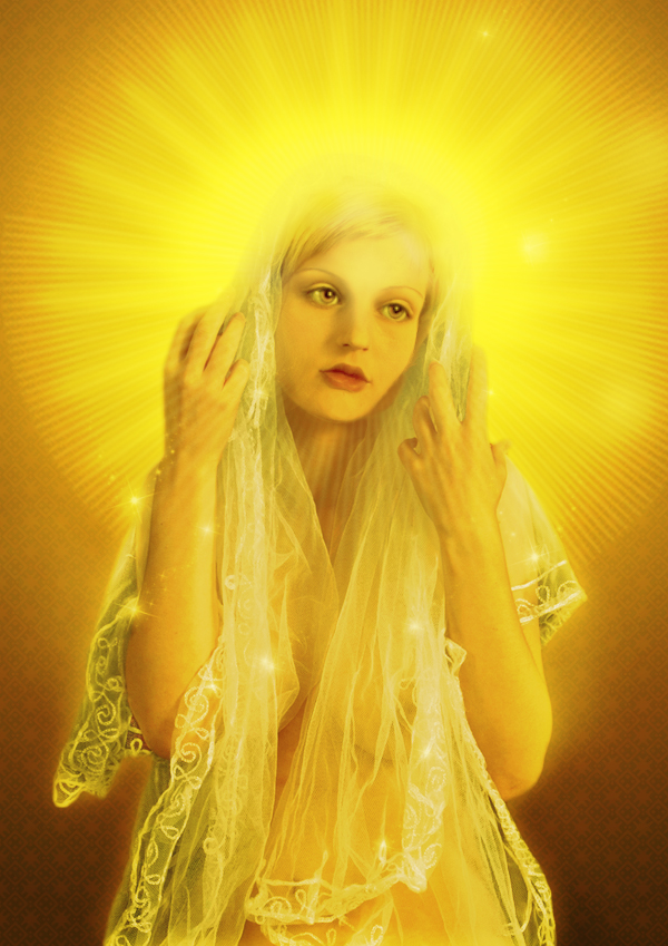 beautiful girl with golden glowing aura around her head