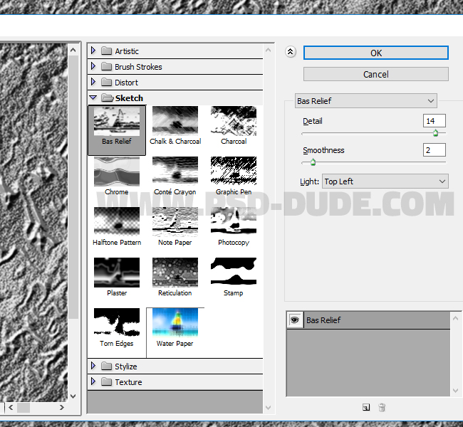 filter sketch bas relief photoshop