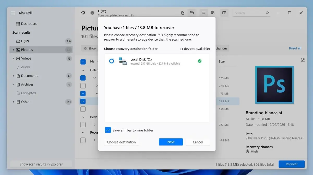 Disk Drill pop-up dialog prompting the user to choose a recovery destination folder to safely save the recovered files.