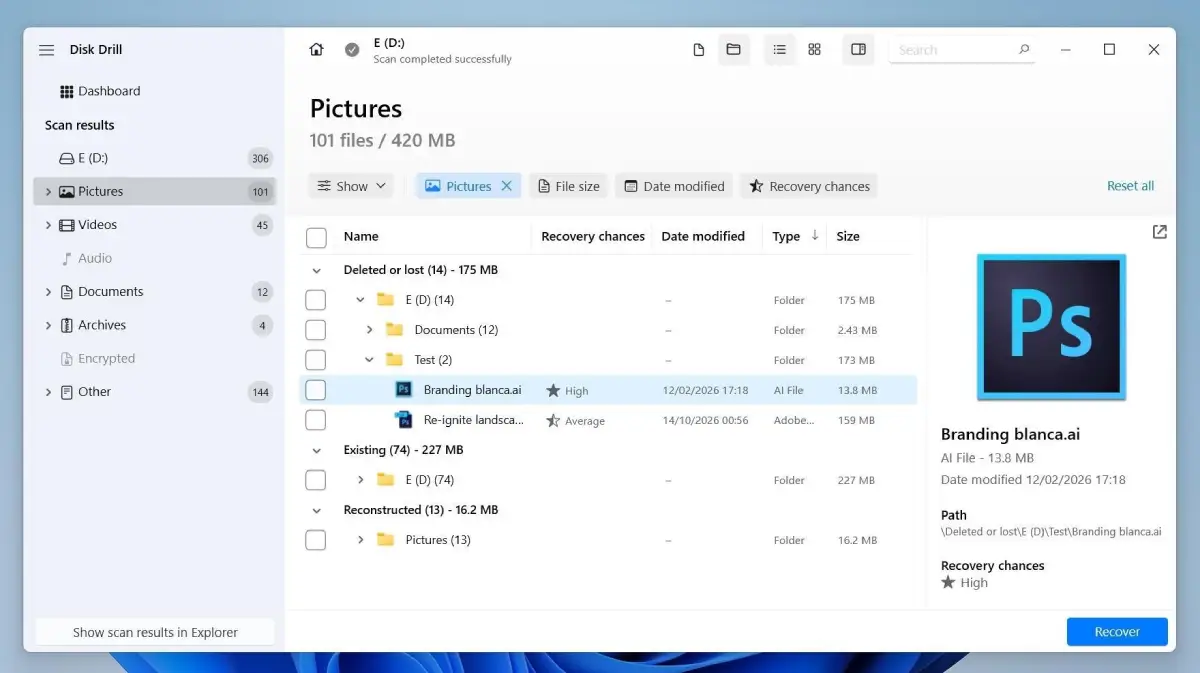 Disk Drill scan results window displaying recoverable files under the Pictures category, with a deleted Adobe file selected showing high recovery chances and a file preview.