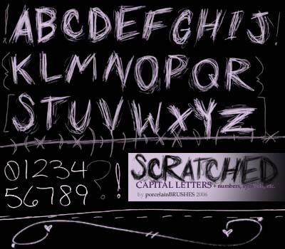 SCRATCHED lettersetc by porcelainBRUSHES photoshop resource collected by psd-dude.com from deviantart