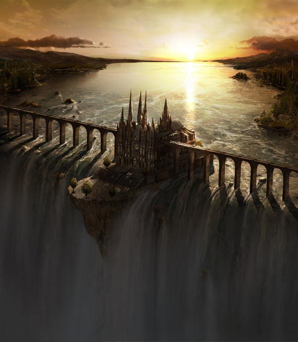 Waterfall Castle Matte Painting Art