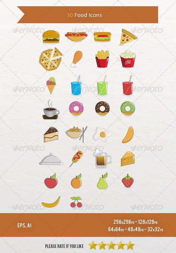 30 Food Icons Pack EPS AI