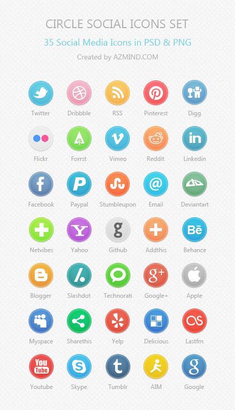 Circle social icons set of 35 social media icons in PSD and PNG