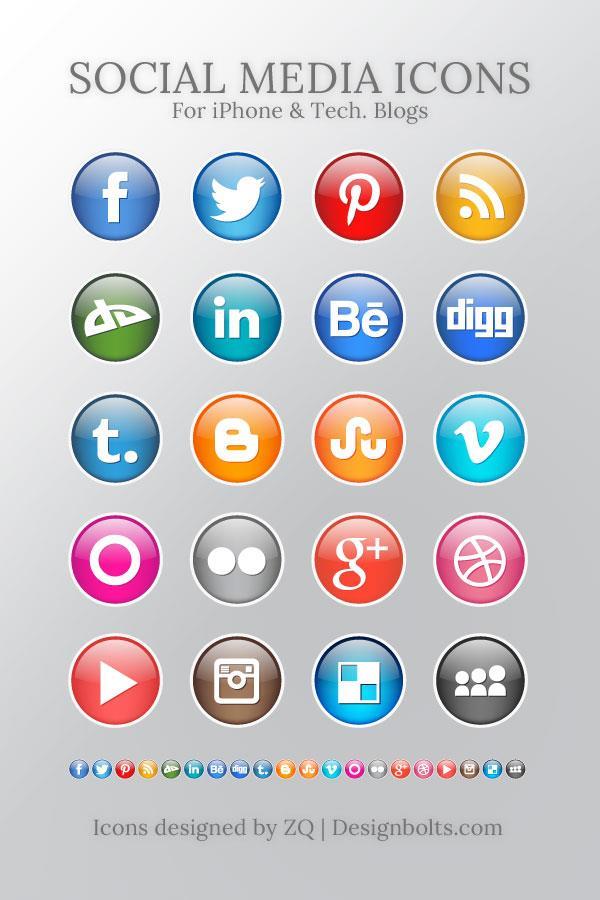 Free Glossy Social Media Icons For iPhone Technology Websites