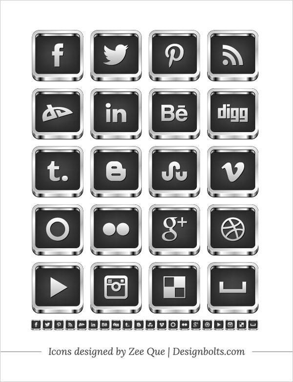 Free Social Media Icons Black And White 3D Silver Border