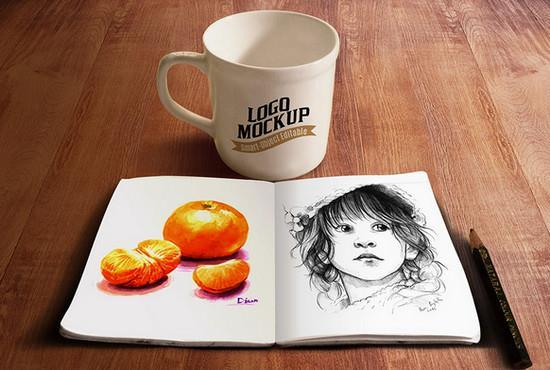 Sketchbook and coffee cup mockup PSD