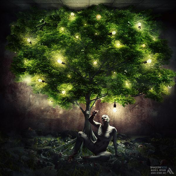 Light Bulb Tree Shines in Darkness Photo Manipulation