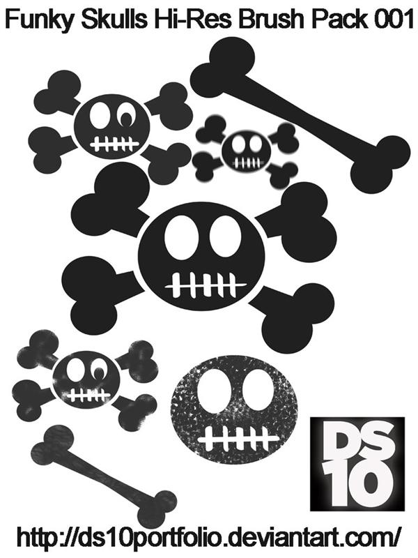 Funky
 Skulls HiRes Brush Pack by DS10Portfolio photoshop resource collected by psd-dude.com from deviantart