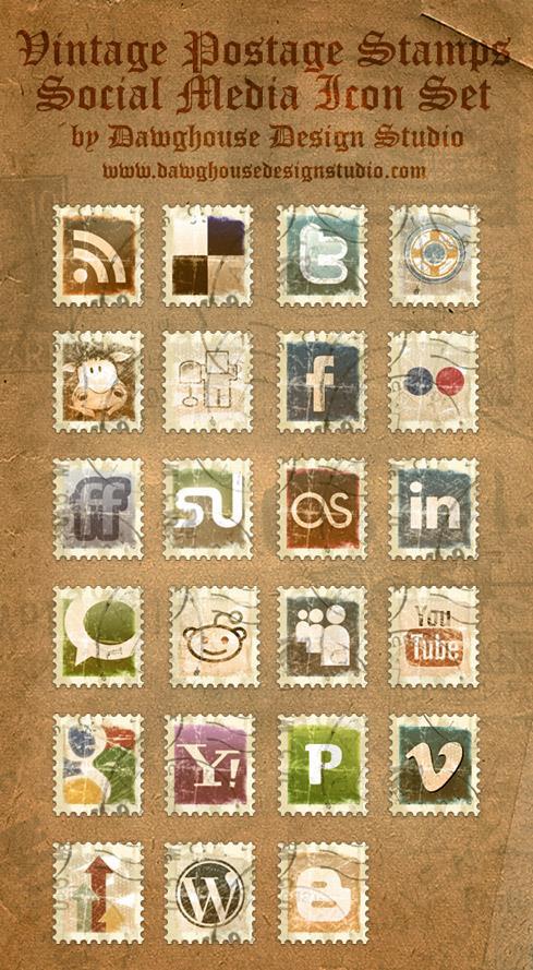 Vintage postage stamps social media icons