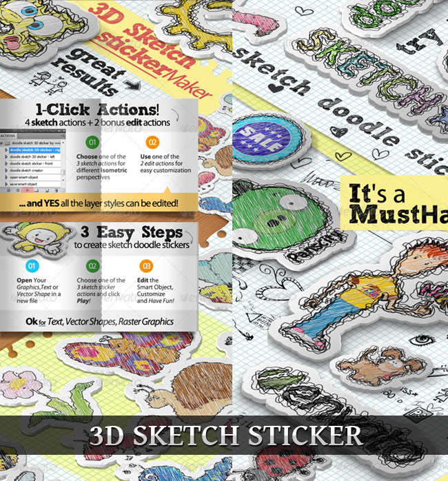 3D Sticker with Sketch Effect Photoshop Actions (4 Directions)