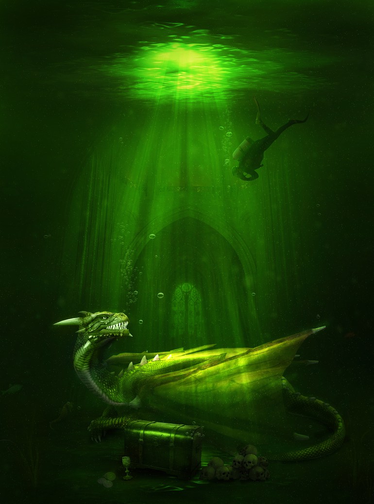 Create an Awesome Underwater Scene Depicting a Dragon and a Treasure Hunter in Photoshop