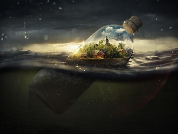 Floating Sea Bottle Micro World in Photoshop