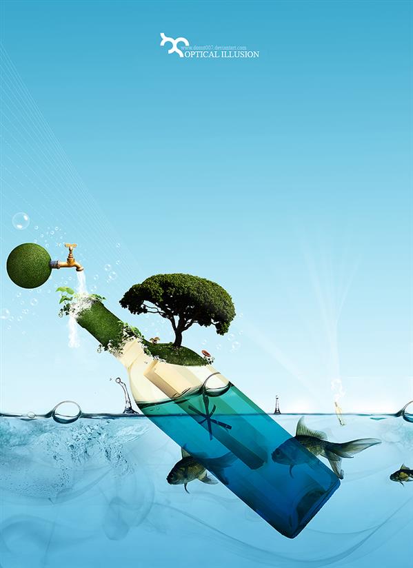 Optical Illusion Floating Bottle Island Photoshop Manipulation