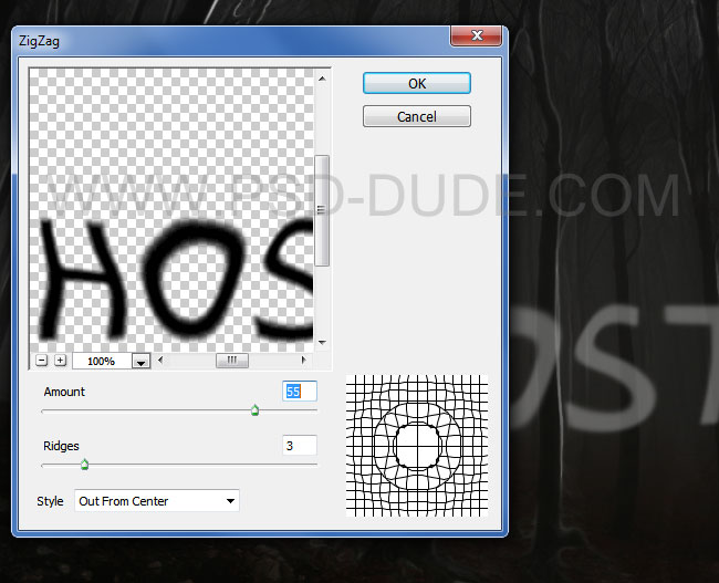 Distorted ghost text effect using Photoshop Distort ZigZag filter