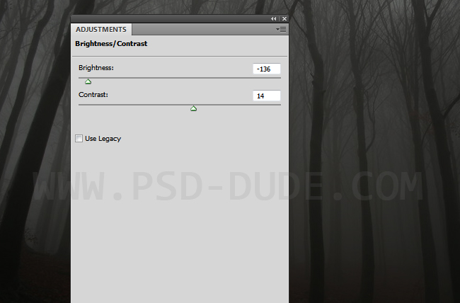 Enhance the spooky effect of the forrest background using Photoshop Brightness and Contrast adjustments.
