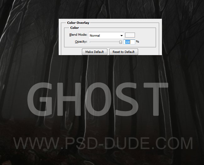 Spooky ghost text layer with Color overlay and opacity settings